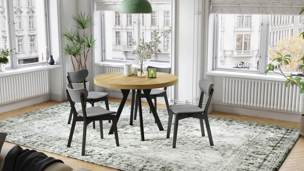 Mazzoni EXPANSO Stejar American/picioare negre - MASĂ MARE ROTUNDĂ Ø110 EXTENSIBILĂ PÂNĂ LA 310 cm CU PICIOARE Y LOFT/INDUSTRIALĂ