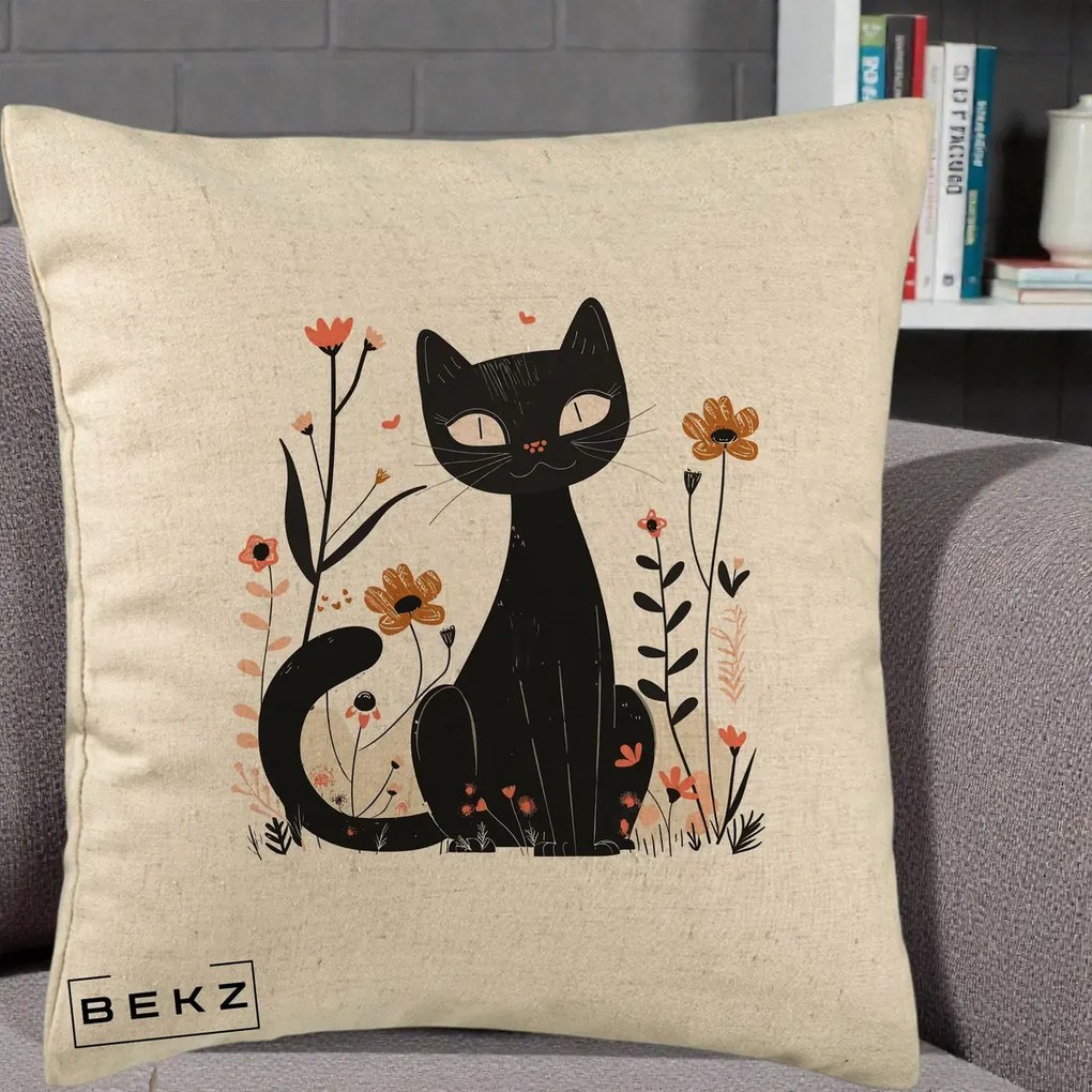 Perna Decorativa Pisica Neagra Flori Pastel Folk, 40x40 cm, Bej, Husa Detasabila, Perna Inclusa, BEKZ®