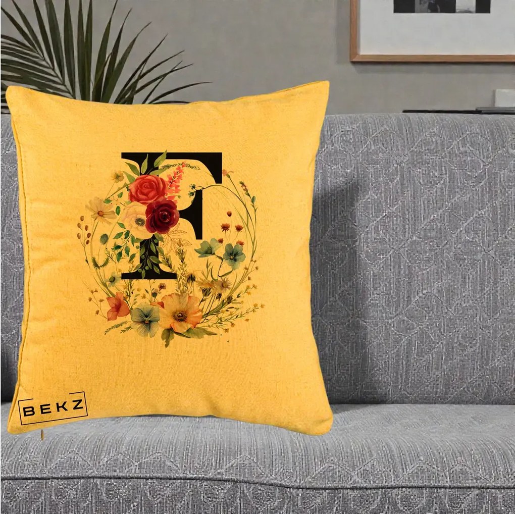 Cadou Personalizat - Perna Personalizata Monogram Litera F cu Flori Acuarela, 40x40 cm, Galben, Husa Detasabila, Perna Inclusa, BEKZ®