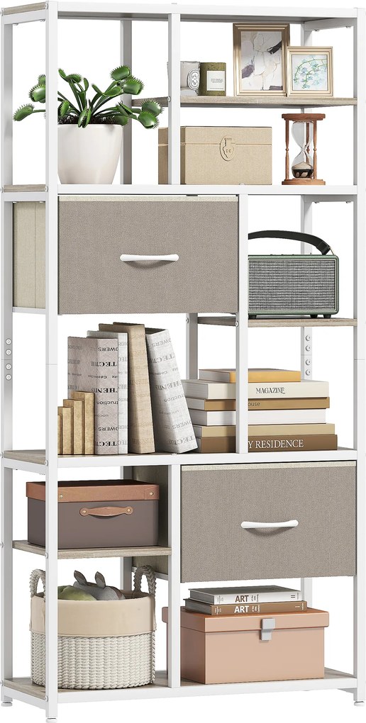 HOMCOM Etajeră de depozitare 6 niveluri, bibliotecă cu 2 sertare din țesătură, 9 rafturi deschise, 72,5 x 30 x 150 cm, alb | Aosom Romania