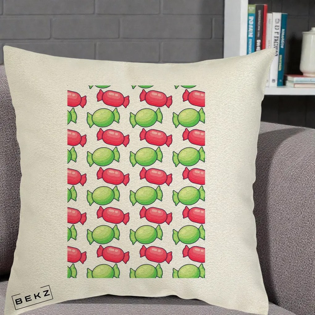 Perna Decorativa Bomboane Craciun Pattern, 40x40 cm, Ecru, Husa Detasabila, Perna Inclusa, BEKZ®