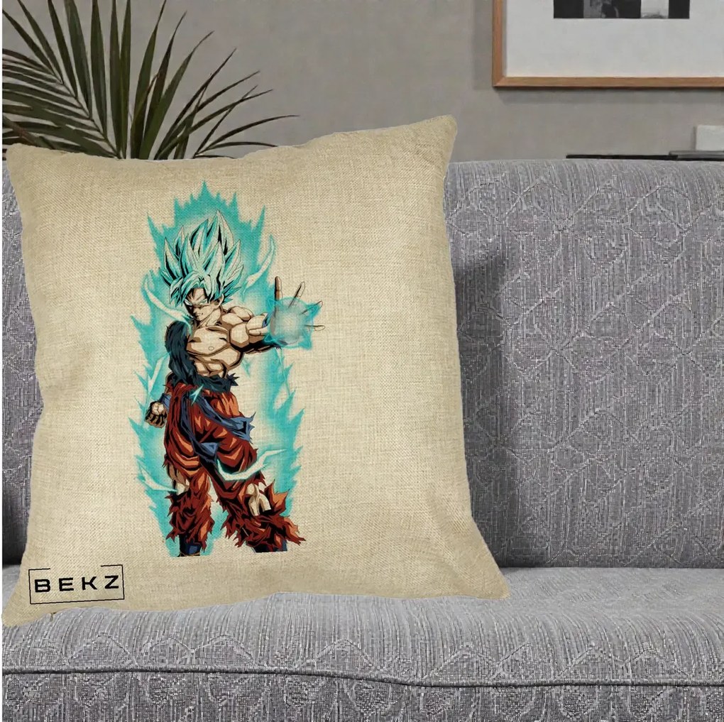 Perna Personalizata Dragon Ball Goku Ultra Instinct Blue, 40x40 cm, Crem, Husa Detasabila, Perna Inclusa, BEKZ®
