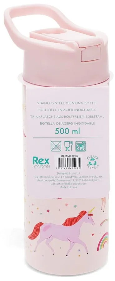Sticlă pentru copii roz-deschis din oțel inoxidabil 500 ml Unicorn – Rex London
