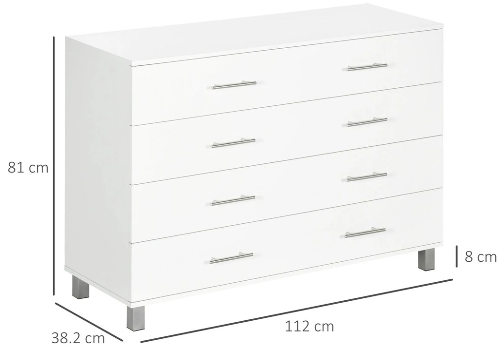 HOMCOM Comodă cu 4 Sertare, Picioare și Mânere din Aliaj, 112x38,2x81 cm, Alb | Aosom Romania