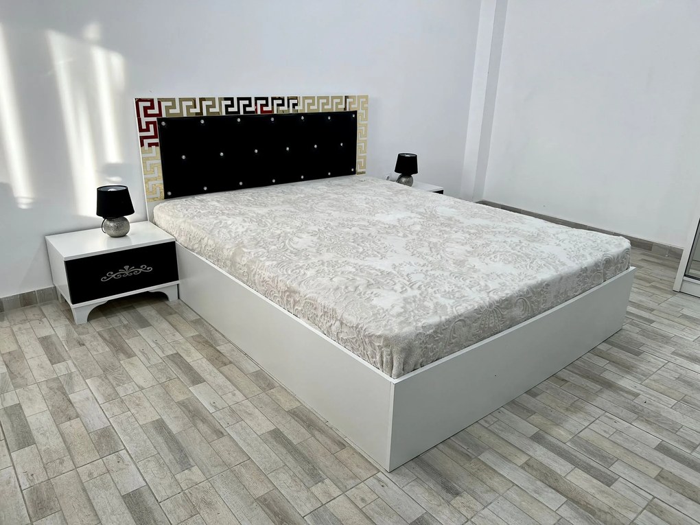 Set pat tapitat Palermo, culoare alb / negru, cu 2 noptiere Viena si saltea superortopedica lux 160 x 200 cm