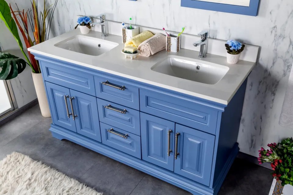 Set Mobilier Baie Huron 60, Include Dulap Baza cu Lavoar Dublu și 2 Oglinzi, 150 cm, Albastru