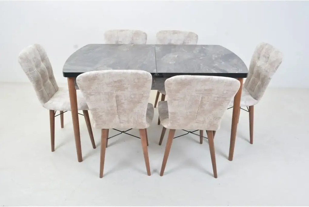 Set masa extensibila cu 6 scaune tapitate Homs marmura/bej 170 x 80 cm picioare lemn  