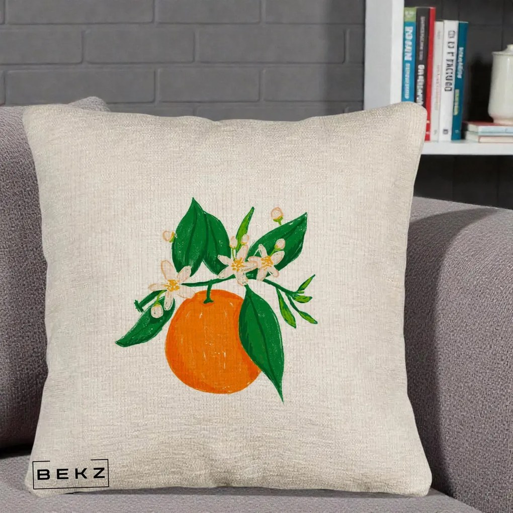 Perna Decorativa Portocala in Floare, 40x40 cm, Bej Canapea, Husa Detasabila, Perna Inclusa, BEKZ®