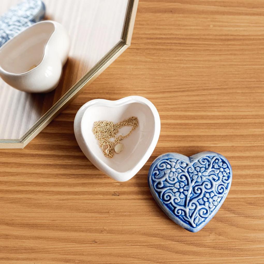 Cutie bijuterii din ceramica, inima albastra, detalii florale
