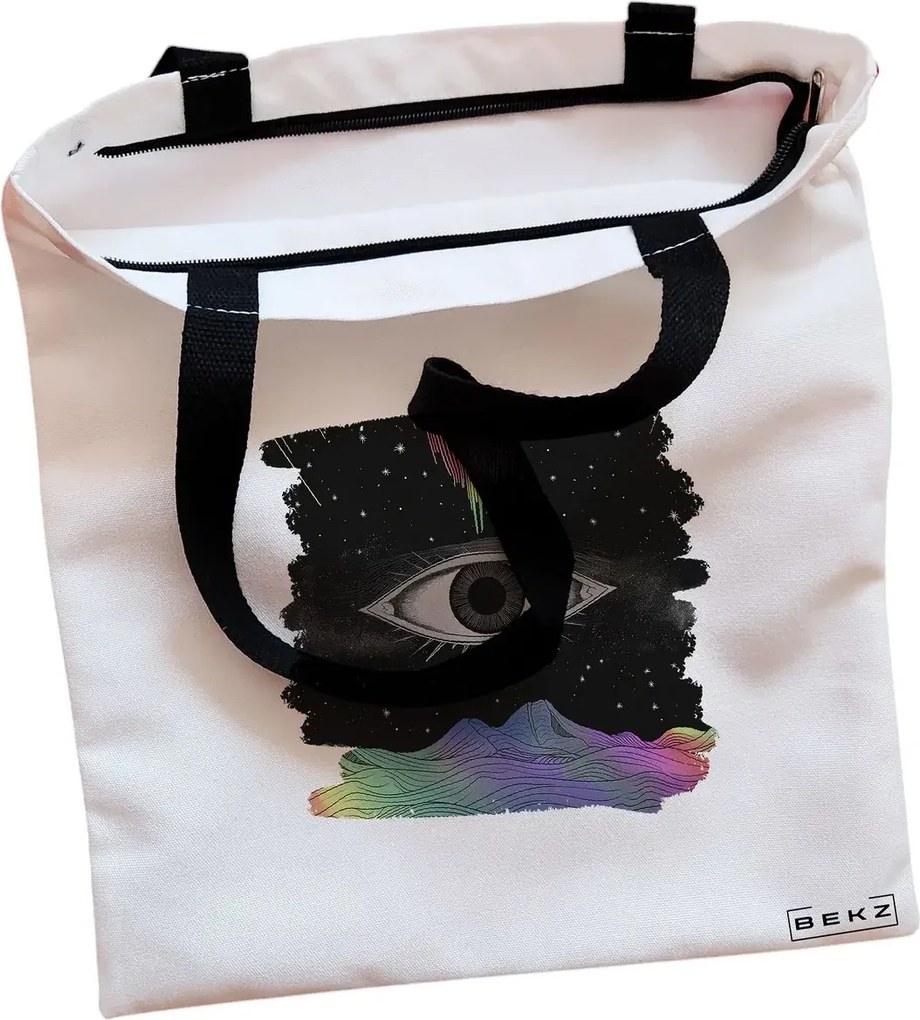 Sacosa de Panza pentru Cumparaturi, Geanta Tote, model Celestial Eye 10, Cu fermoar, 38x34.5 cm, Alba, BEKZ®