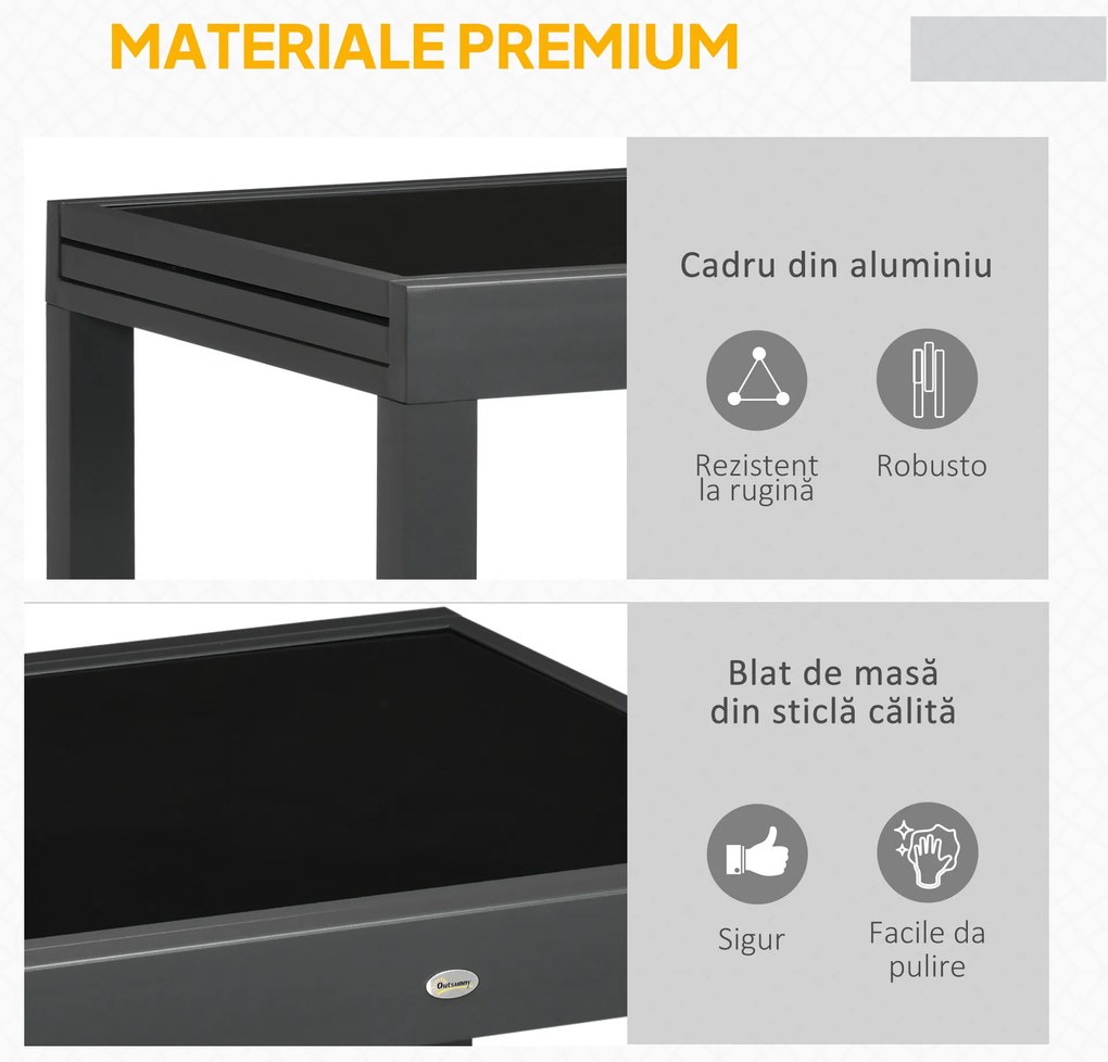 Outsunny Masă de Grădină Extensibilă cu Blat din Sticlă 80-160x80x75 cm Negru | Aosom Romania