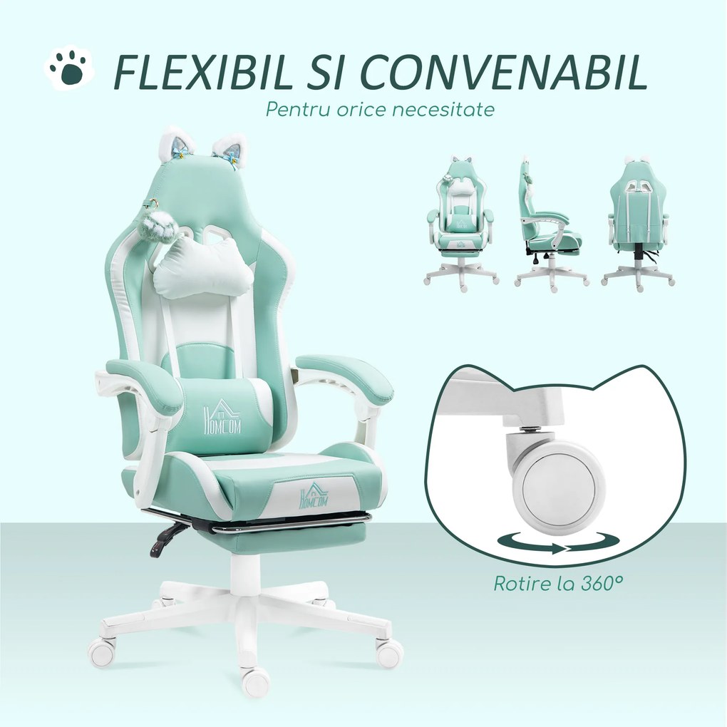 Scaun de Gaming Reclinabil HOMCOM cu Suport pentru Picioare și Perne, din Piele Artificială și Spumă, 65x62x116-124 cm, Albastru și Alb | Aosom Romania