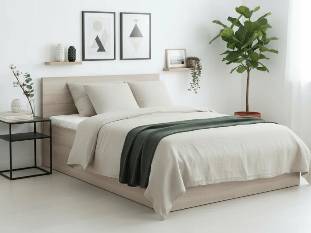 Pat dublu stejar sonoma, SOFIA 140 x 200 cm Saltele: Cu saltele Coco Maxi 20 cm, Somiera pat: Cu lamele drepte