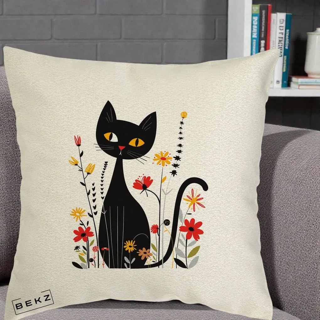Perna Decorativa Pisica Neagra Ochi Galbeni Flori, 40x40 cm, Ecru, Husa Detasabila, Perna Inclusa, BEKZ®