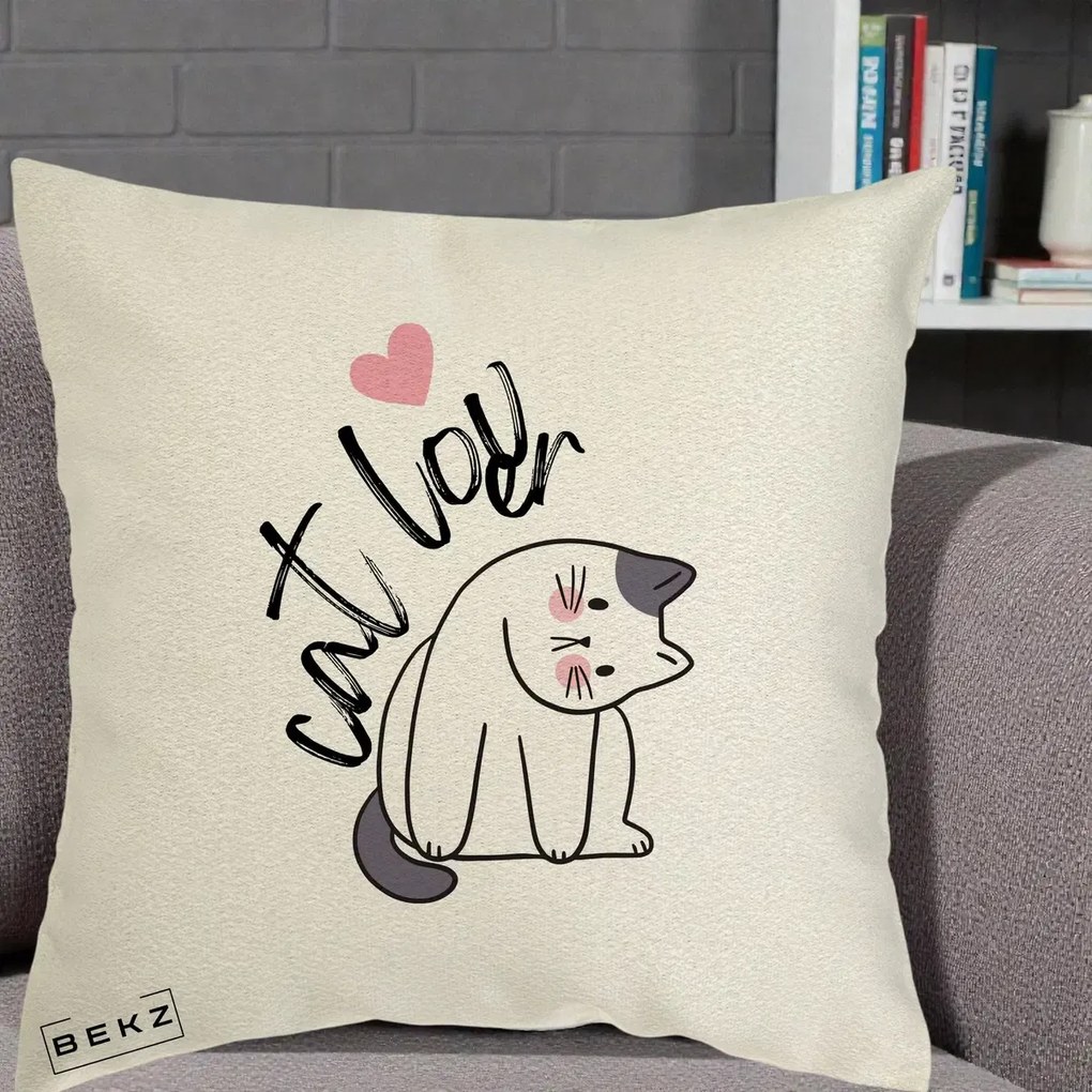 Perna Personalizata Cat Lover Pisica Ilustratie Linie, 40x40 cm, Ecru, Husa Detasabila, Perna Inclusa, BEKZ®