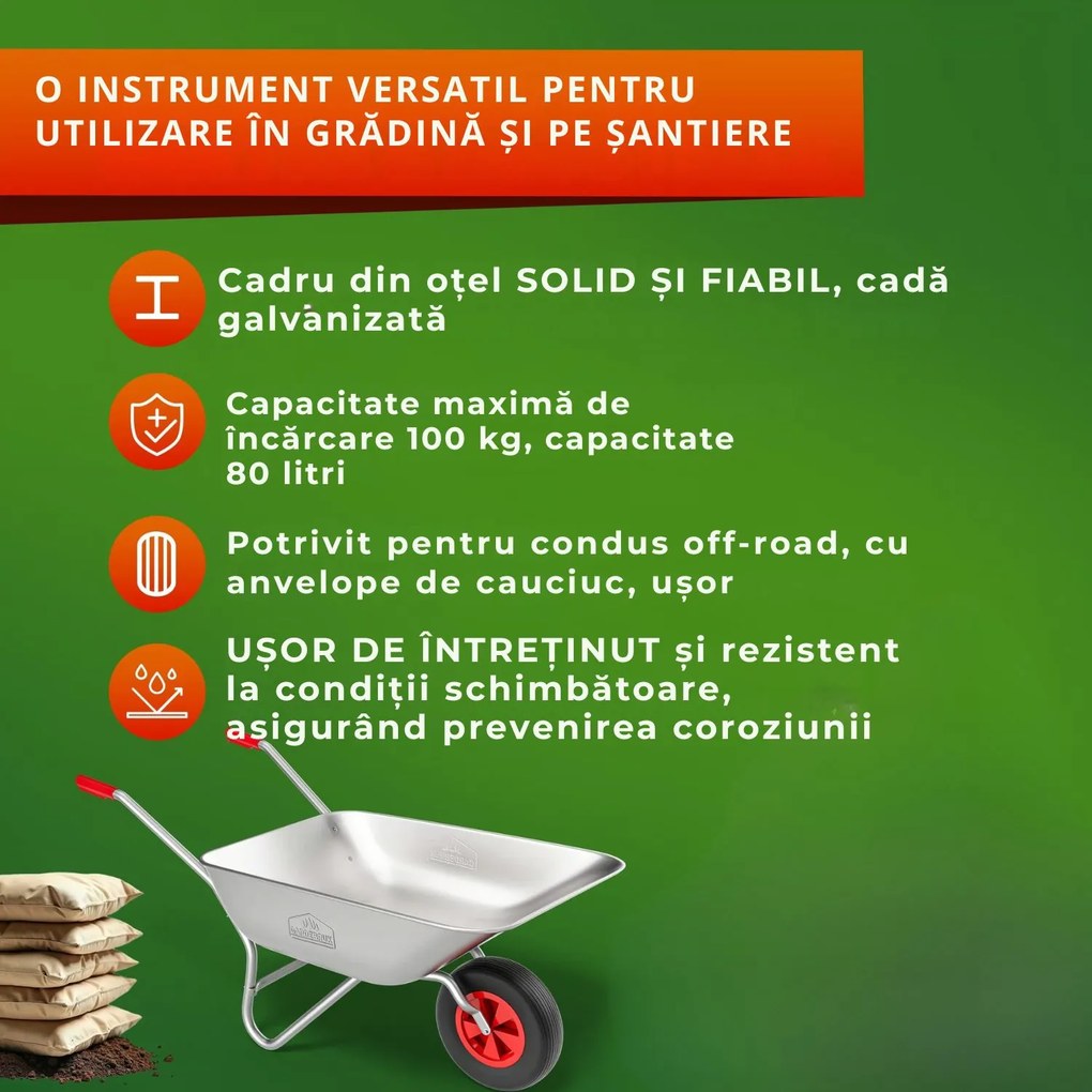 Roabă LARRY zincată, capacitate max. 80l/100kg, argintiu/negru Gardebruk