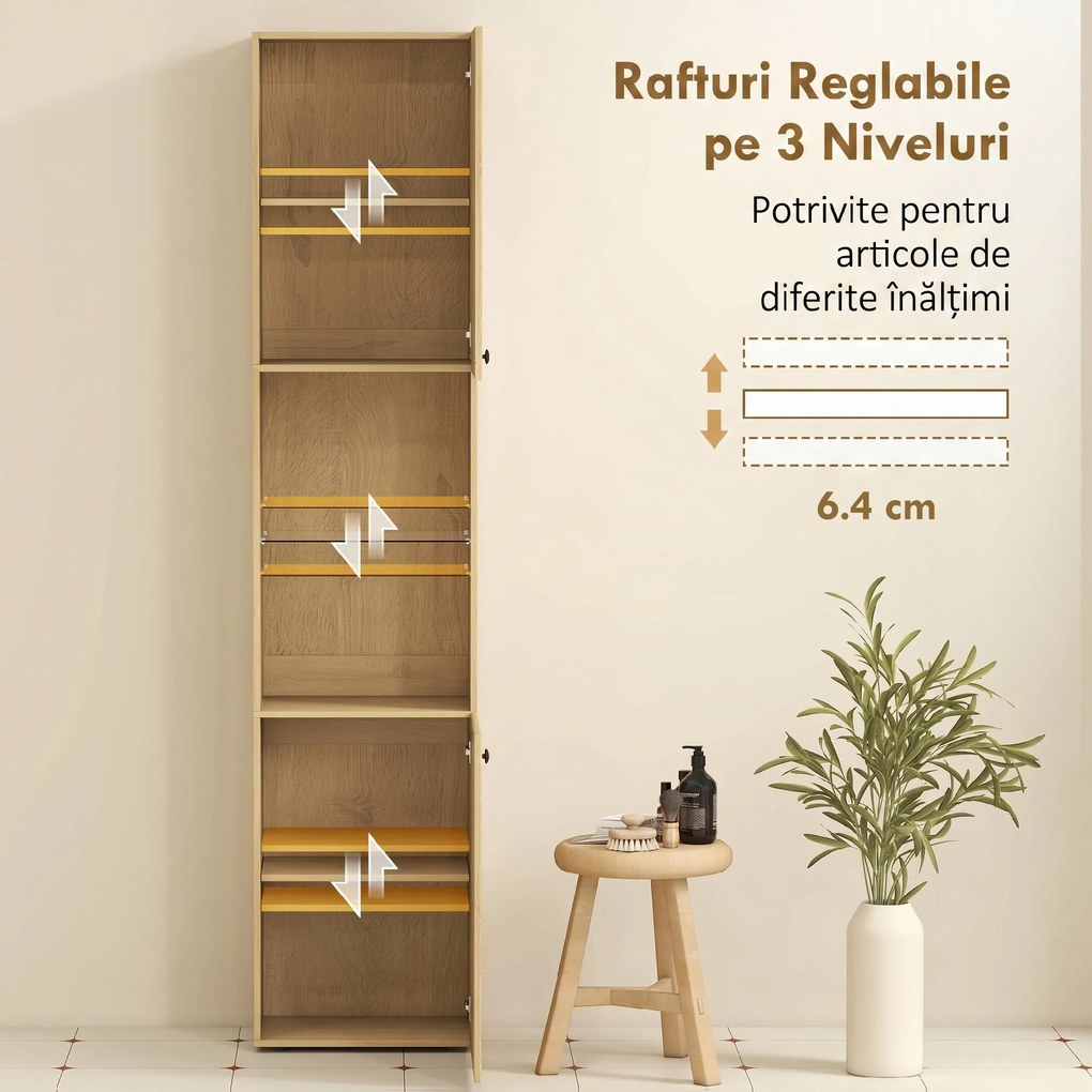 HOMCOM Coloană Baie Slim 6 Rafturi, 2 Uși, Compartimente Deschise, Raft din Sticlă Securizată, Rafturi Reglabile, Stejar | Aosom Romania