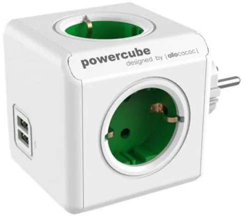 Fisa in forma de cub, 4 prize Schuko si 2XUSB, verde, Allocacoc