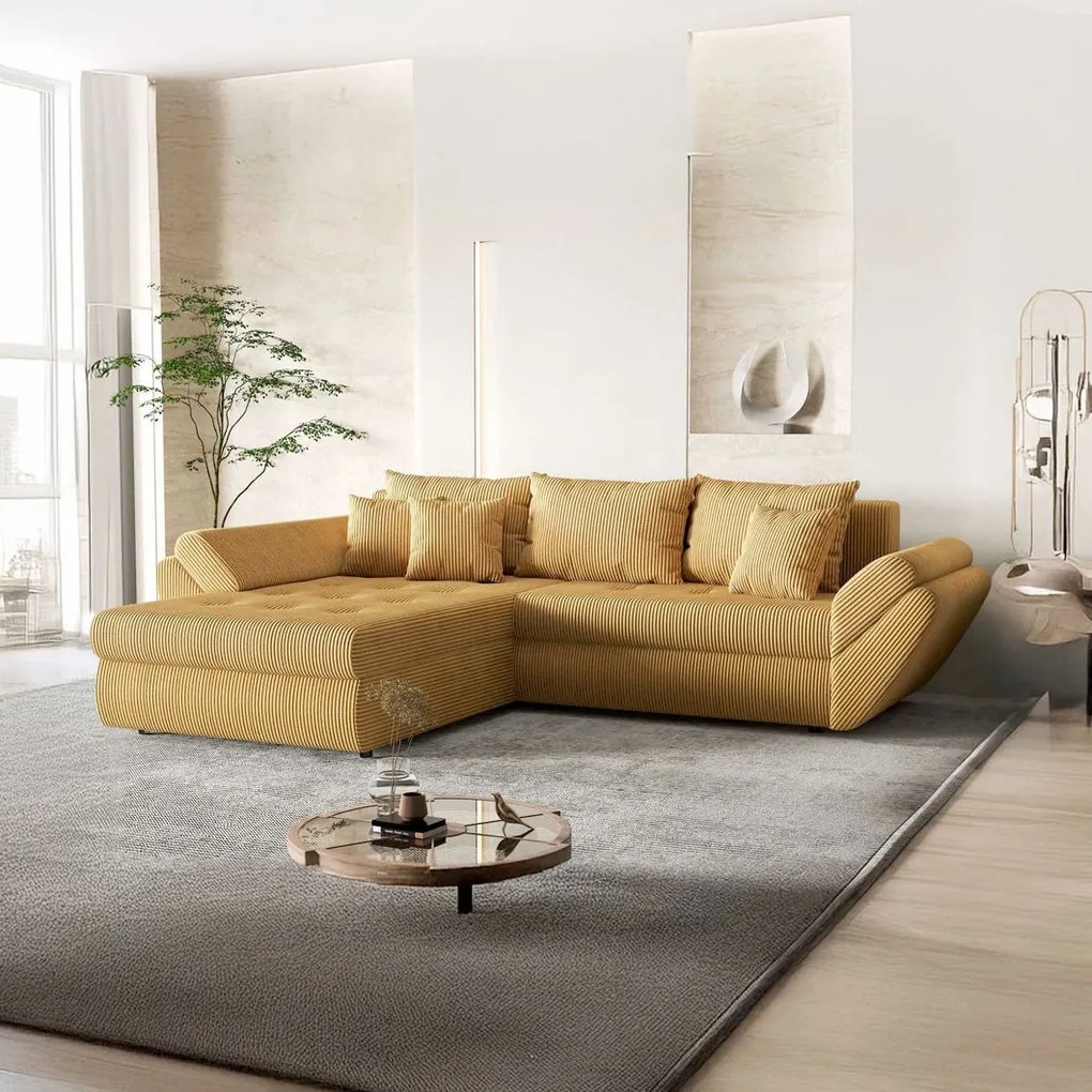 Colțar extensibil dumonde cu ladă de depozitare si sezut confortabil din spuma high-density, Loana Zoom Mustar 270x185 cm