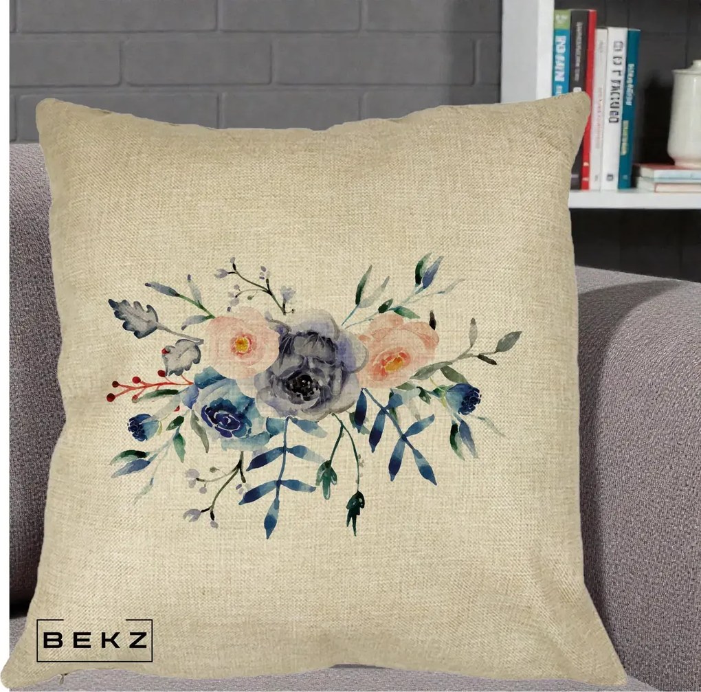 Perna Decorativa Buchet Flori Albastre Acuarela, 40x40 cm, Crem, Husa Detasabila, Perna Inclusa, BEKZ®
