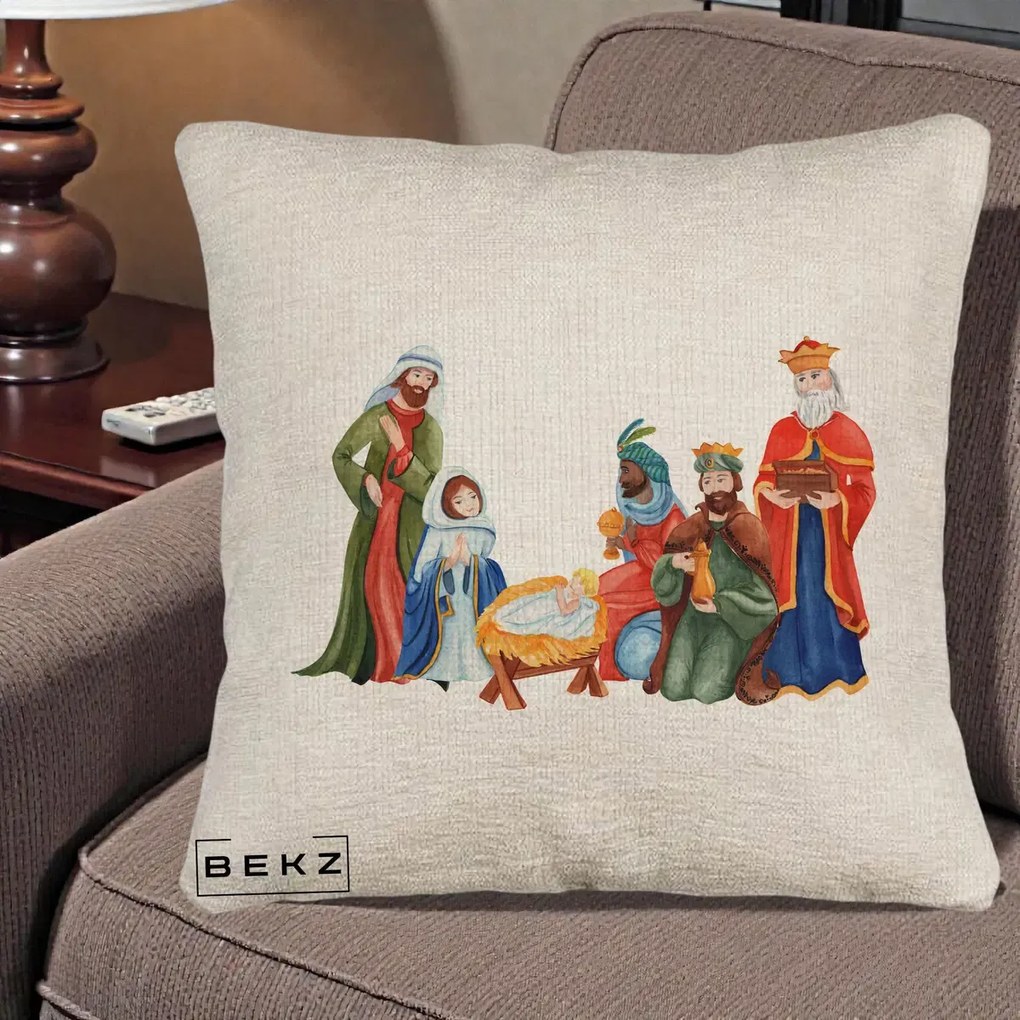 Perna Decorativa Nasterea Domnului Cei Trei Magi Acuarela, 40x40 cm, Bej Canapea, Husa Detasabila, Perna Inclusa, BEKZ®