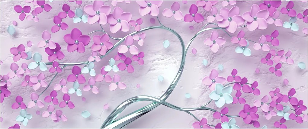 Tablouri cu flori pe trunchi argintiu - abstract (120x50 cm)