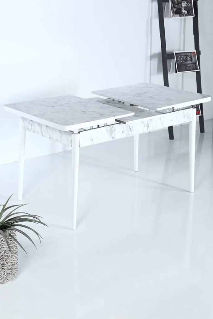 Set masa extensibila cu 6 scaune tapitate Homs cristal  bej-gri-picior-alb-170 x 80 cm