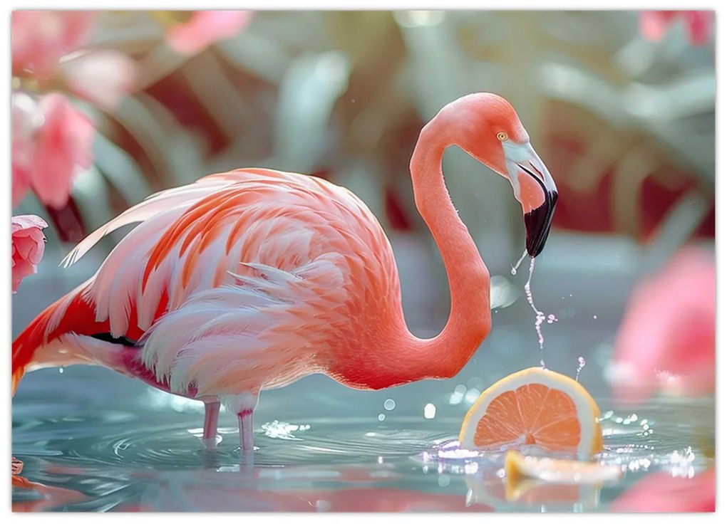 Tablou pe sticlă - Flamingo în iaz (70x50 cm)