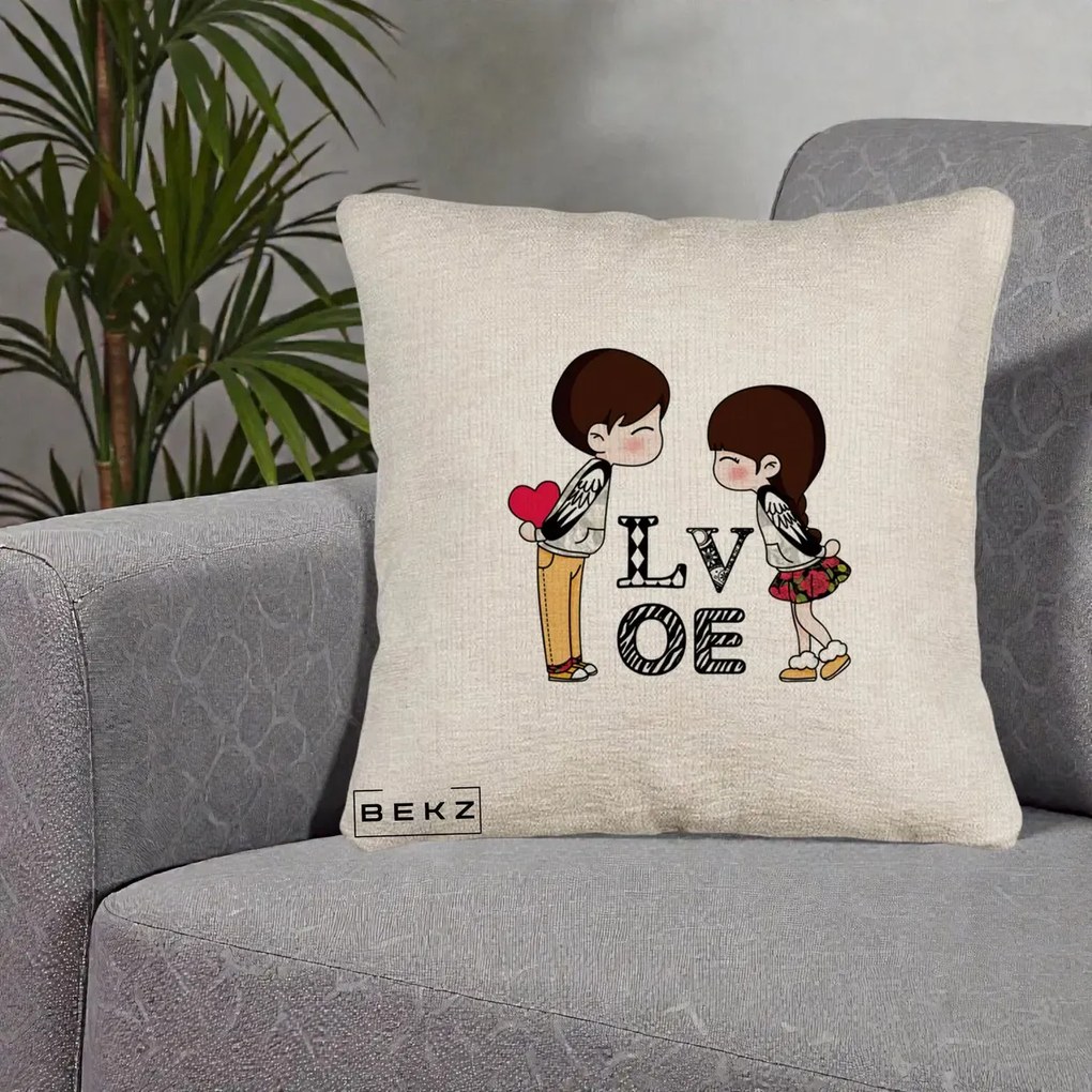 Cadou Romantic - Perna Personalizata Cuplu Kawaii LOVE, 40x40 cm, Bej Canapea, Husa Detasabila, Perna Inclusa, BEKZ®