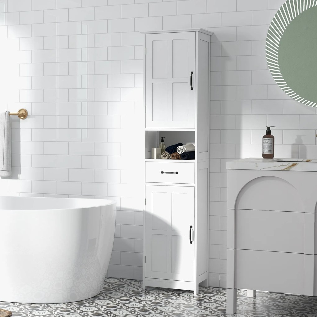 kleankin Dulap Modern pentru Baie, Mobilier Îngust cu Raft Deschis, Sertar, Uși Încastrate și Rafturi Ajustabile Alb | Aosom Romania