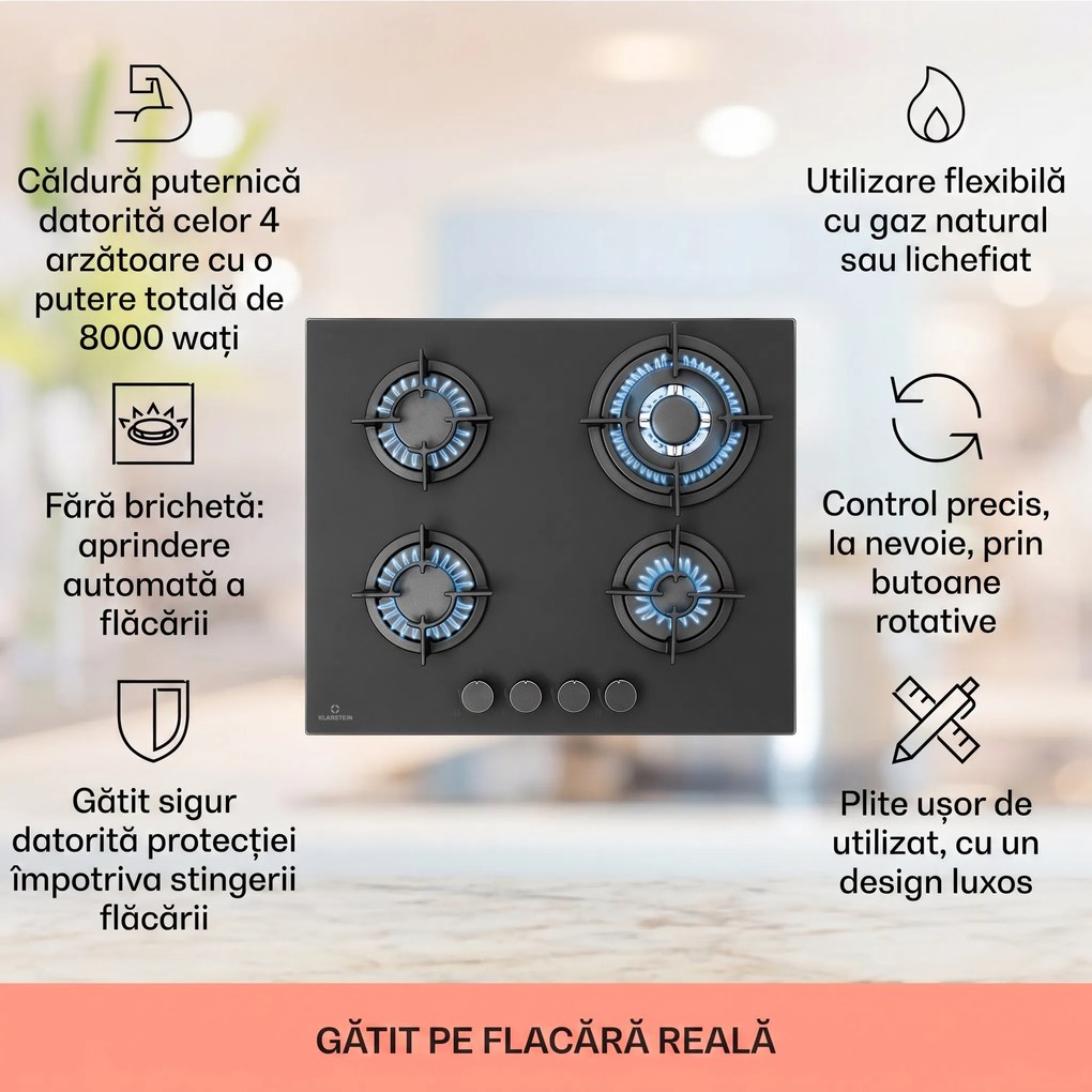 Klarstein Firetale plită pe gaz 4 arzătoare 60 cm arzător din aluminiu, inclus furtun și regulator de presiune