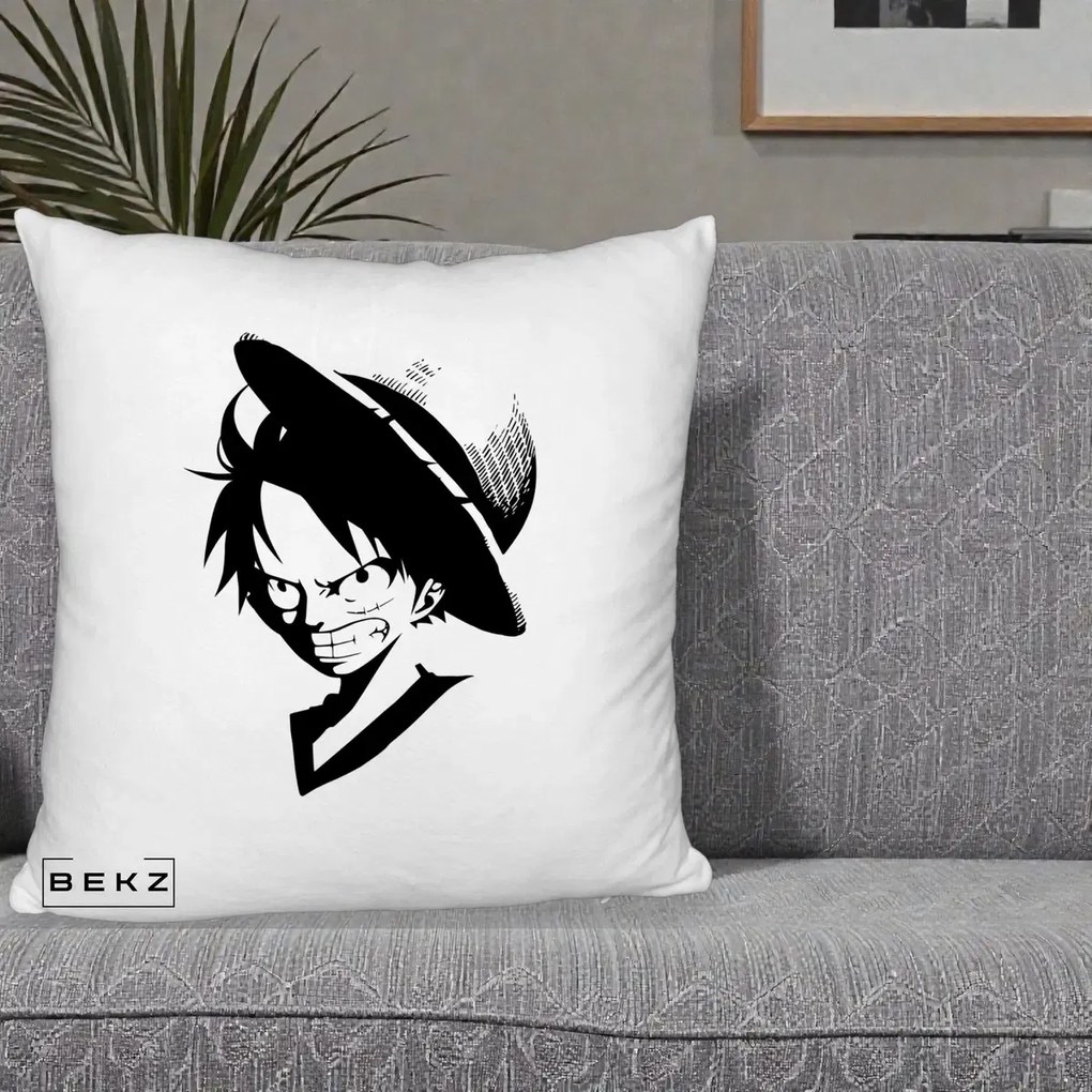 Perna Personalizata One Piece Luffy Silueta Alb-Negru, 40x40 cm, Alb Pufos, Husa Detasabila, Perna Inclusa, BEKZ®