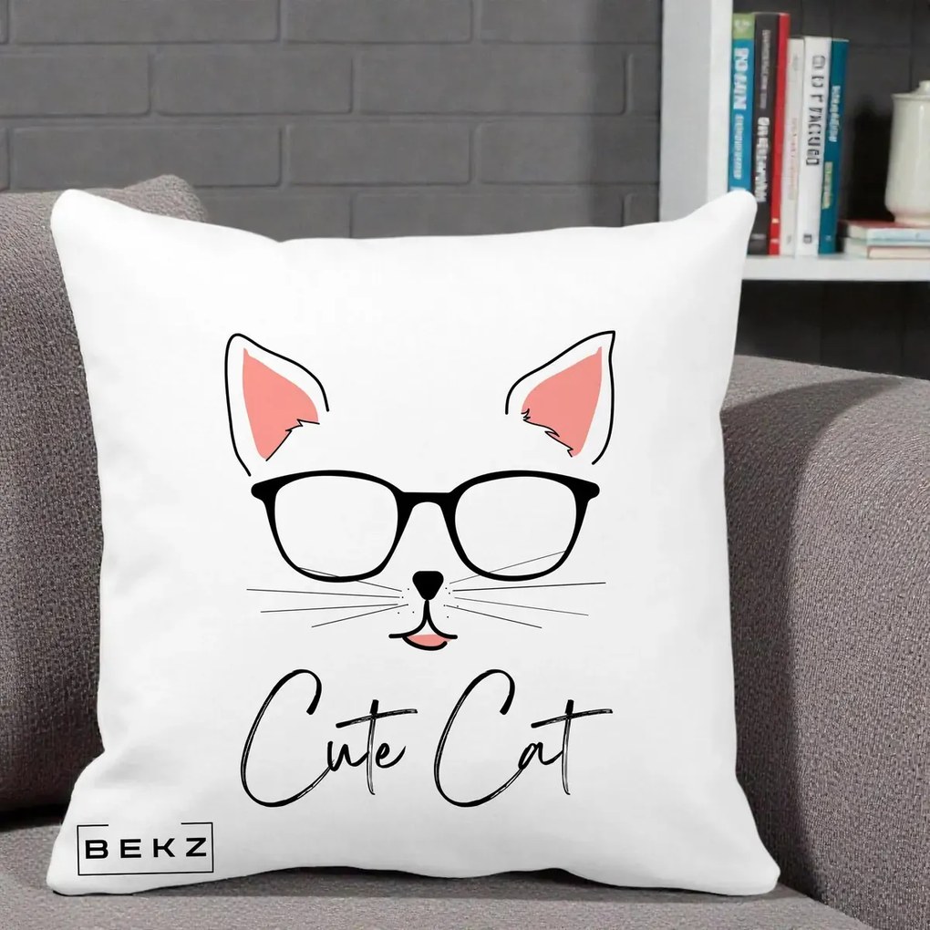 Perna Personalizata Cute Cat cu Ochelari, 40x40 cm, Alba Mata, Husa Detasabila, Perna Inclusa, BEKZ®