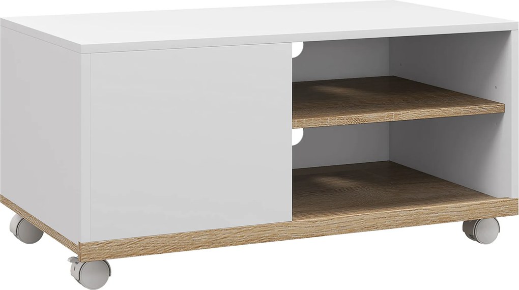 HOMCOM Dulap TV 42" Max cu 2 Rafturi deschise si Usa, Dulap TV Jos din PAL cu Roti, 80x45x39.5 cm, Alb | Aosom Romania