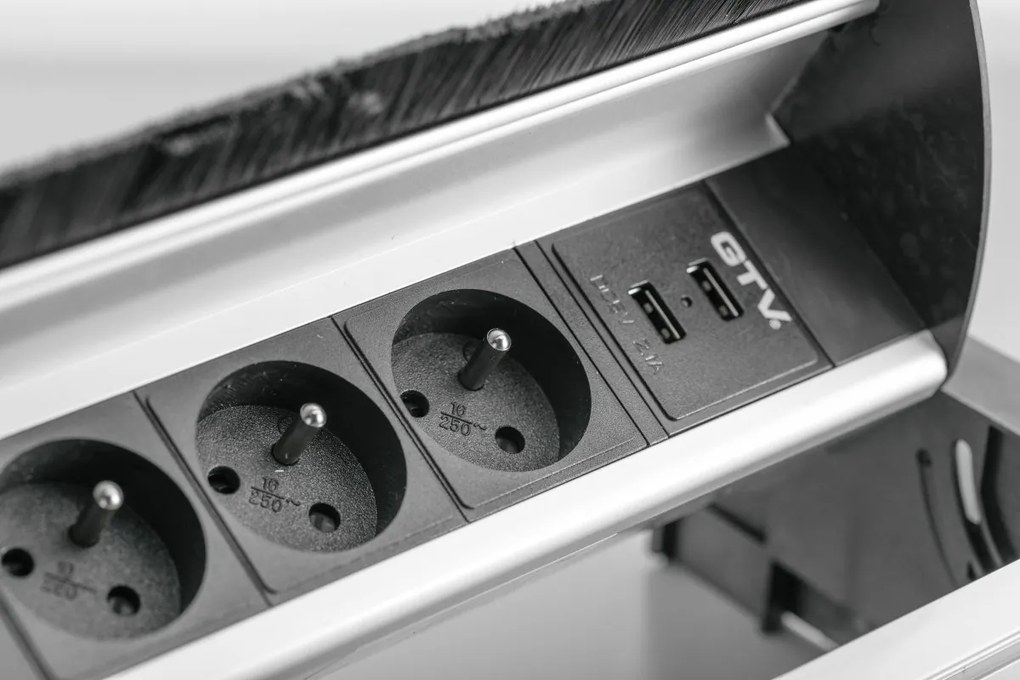 Priză încorporabilă în blat GTV, 3 prize Schuko, 2 x USB A, aluminiu, 291 x 158 mm Aluminiu, Aluminiu, L:291 mm; l:158 mm; H:80 mm