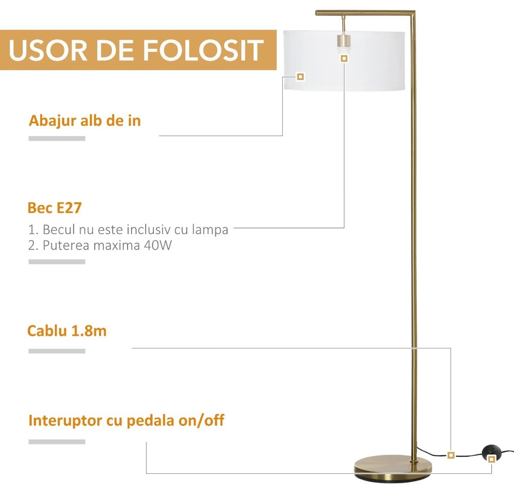 Lampa de podea moderna HOMCOM din metal si cu abajur din material textil, lampa de lectura E27 dimensiune 47x37x153 cm, culoare auriu si alb