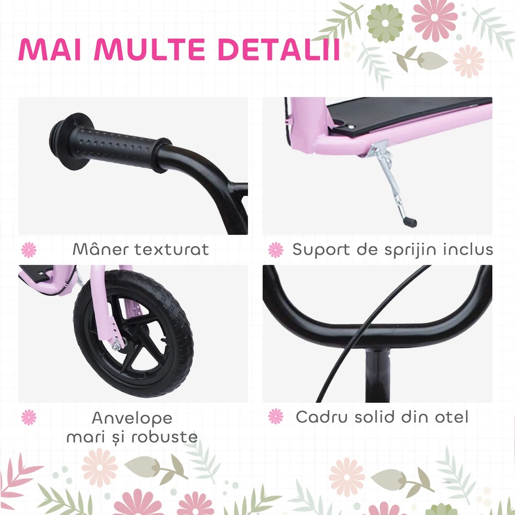 HOMCOM Trotinetă cu 2 Roți pentru Copii 5-12 Ani cu Frână Posterioară și Ghidon Reglabil, Trotinetă din Oțel și Plastic, 120x52x80-88 cm, Roz | Aosom Romania