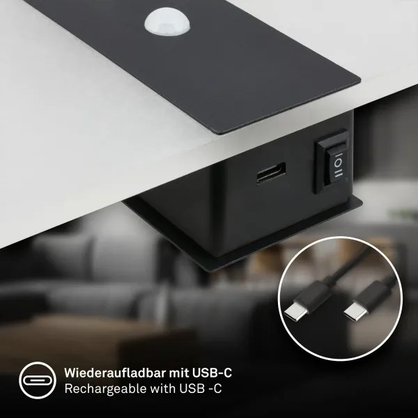 Briloner 3888015 - Aplică LED de perete reîncărcabilă cu senzor AURA, 2,5 W/5 V, 1800 mAh, neagră