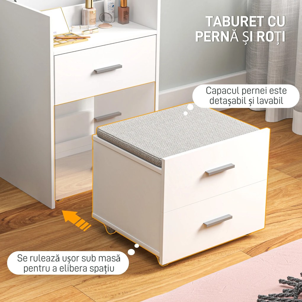 HOMCOM Masă de Machiaj Alb Masă de Toaletă cu Oglindă Rabatabilă, Taburet Detașabil și Lavabil, 50x41.5x75 cm | Aosom Romania