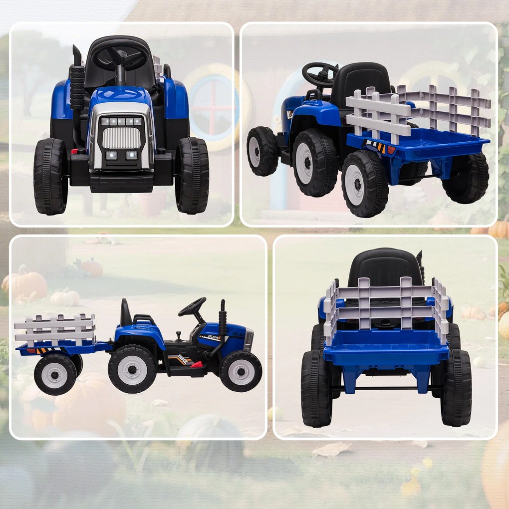 HOMCOM Tractor Electric pentru Copii cu Remorcă Detașabilă, Telecomandă, Port USB, Muzică și Lumini, 3-6 Ani, Albastru | Aosom Romania