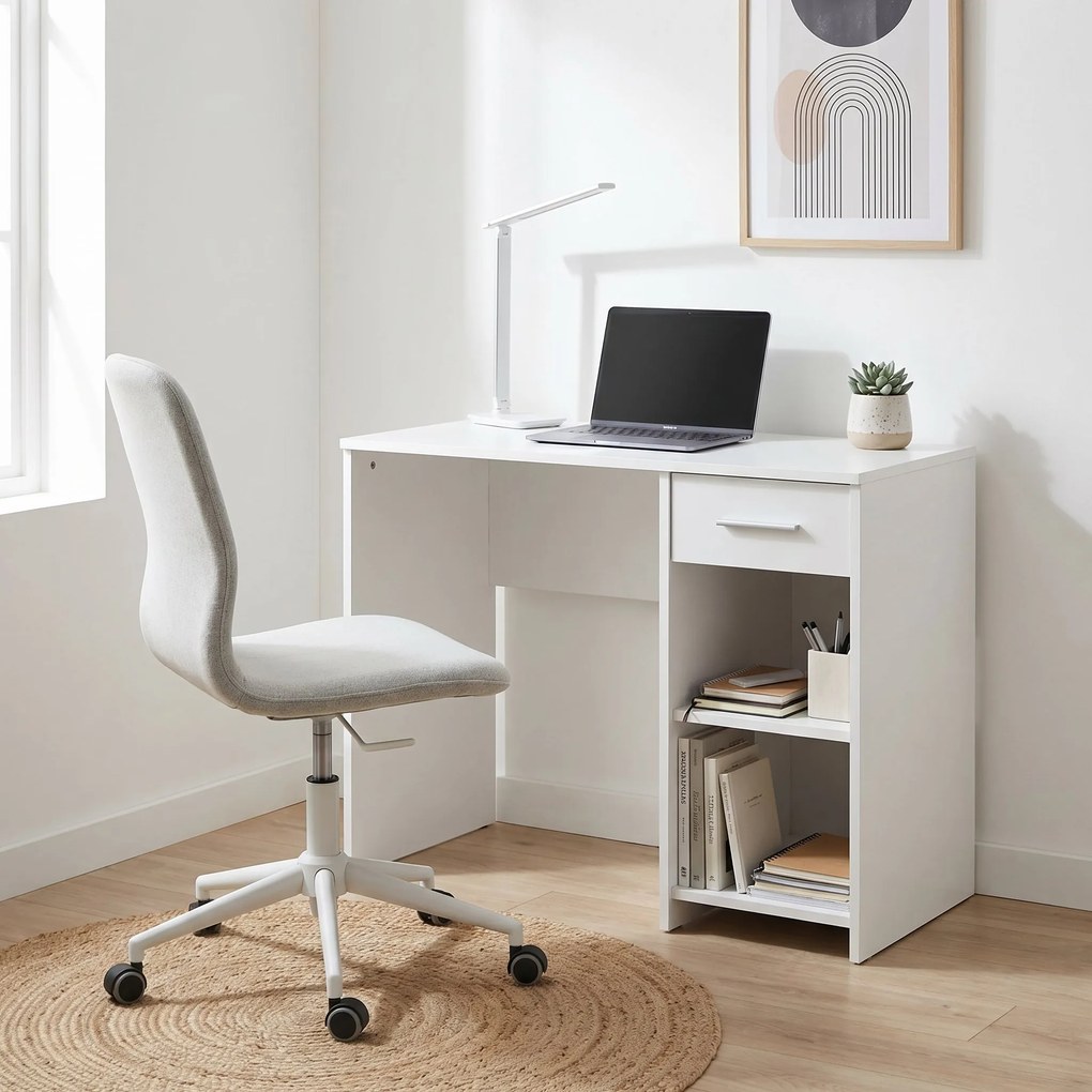 Birou Modern Adore Concept cu Sertar și 2 Rafturi, Alb - Maro - Stejar - Antracit, 90x52x75 cm