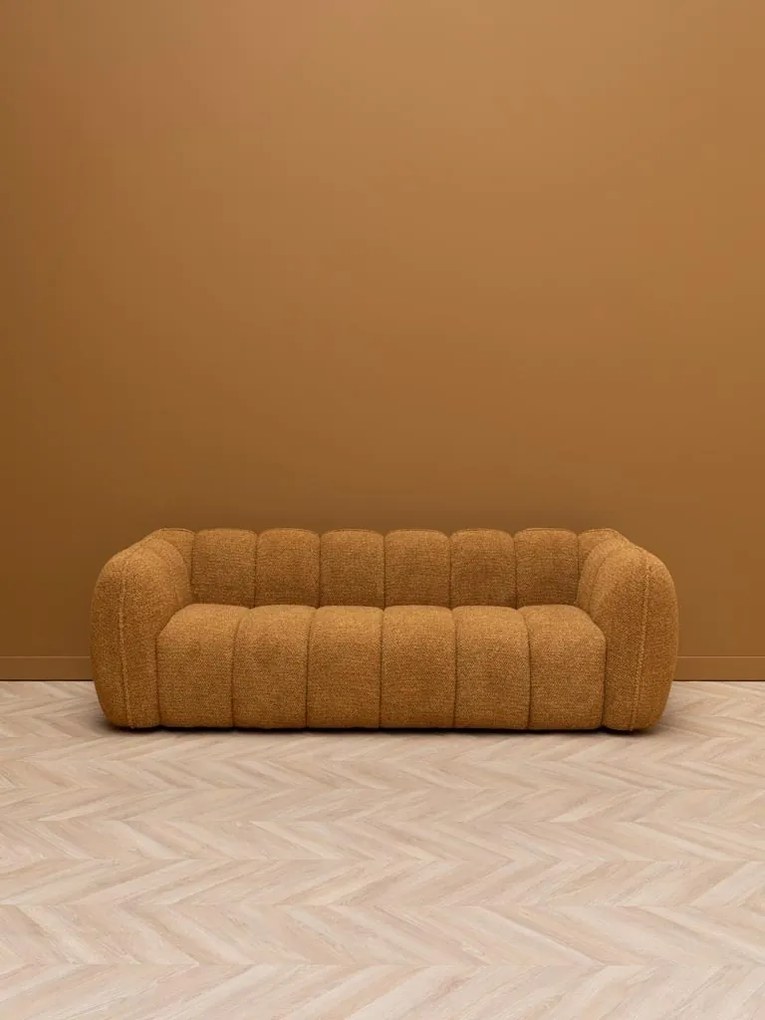 Canapea 3 locuri din catifea muștar, cu textură în relief, picioare din lemn masiv, aspect retro, 69×220×102 cm, „Biskit"