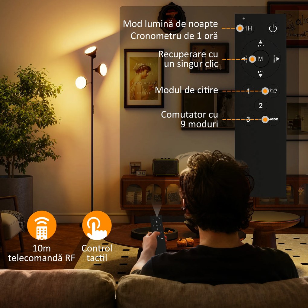 HOMCOM Lampă de Podea cu 3 Capete Reglabile Independent Φ25x170 cm Negru | Aosom Romania