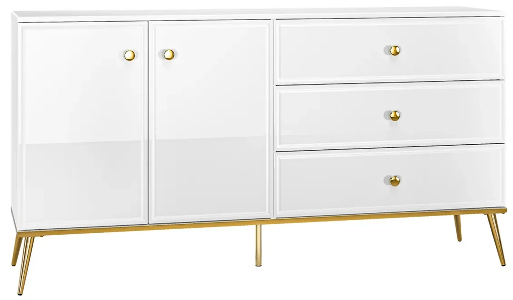 Comoda de lux, alb mdf alb lucios auriu, 3 sertare si 2 usi, inchidere silentioasa usi -sertare, 160 cm lungime, canturi abs, usi si sertare cu