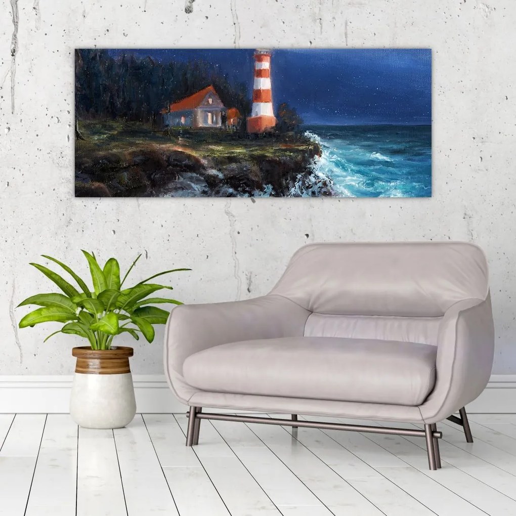 Tablou - Far pe malul oceanului, aquarelă (120x50 cm)