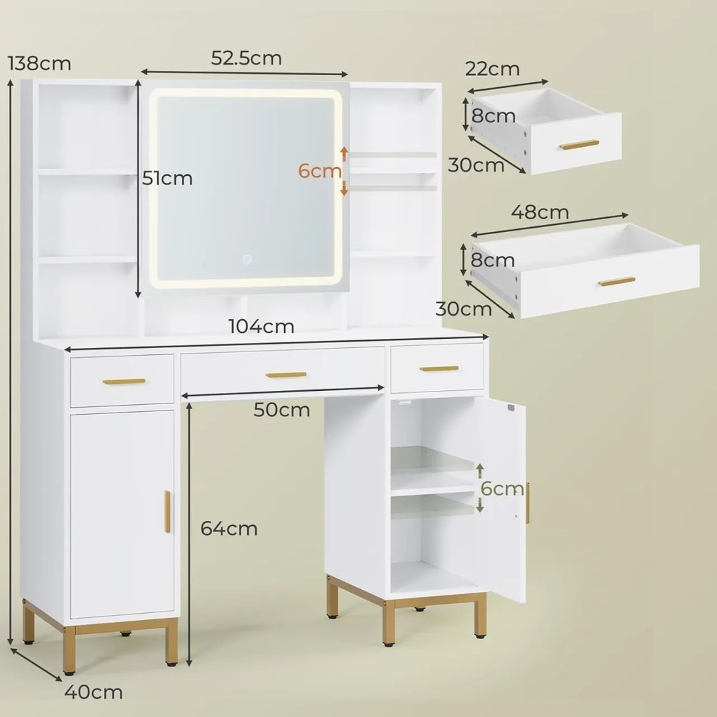 SEA1 - Set Masa toaleta 104 cm, cu 3 sertare, Cu Priza, USB si USB-C, cosmetica, machiaj, oglinda cu LED, masuta vanity, make-up - Alb