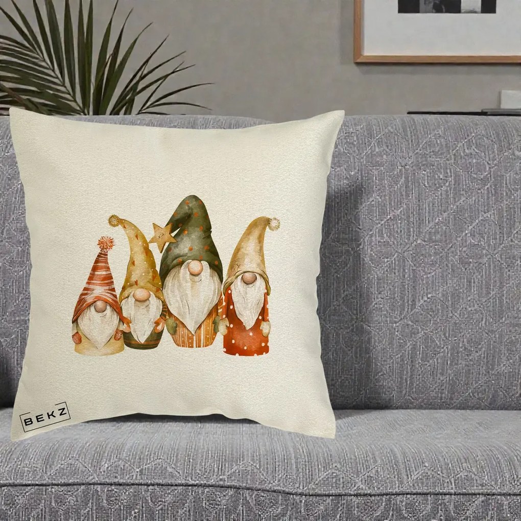 Perna Decorativa Gnomi de Craciun Patru, 40x40 cm, Ecru, Husa Detasabila, Perna Inclusa, BEKZ®