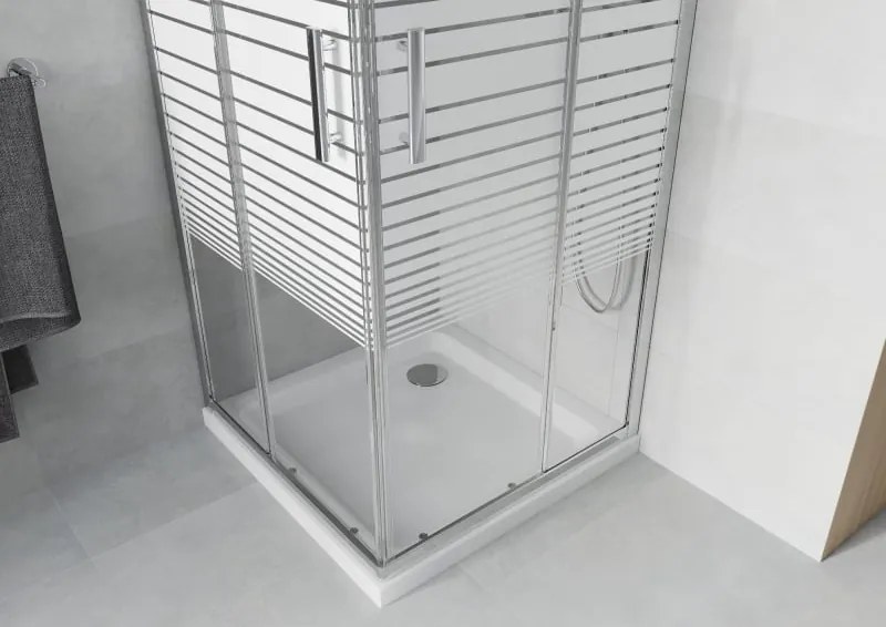 Mexen Rio cabina de duș pătrată 90 x 90 cm, dungi albe, crom + cadă de duș Flat, alb - 860-090-090-01-20-4010