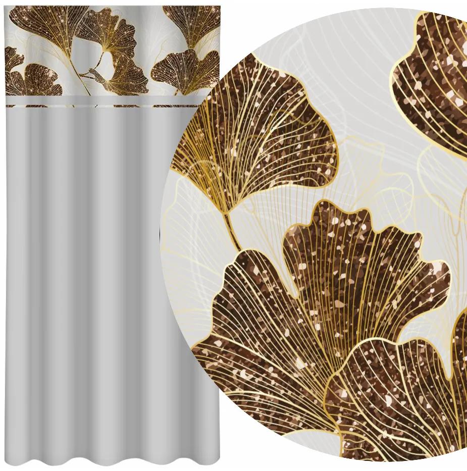 Draperie clasică gri cu un imprimeu de frunze de ginkgo aurii Lățime: 160 cm | Lungime: 250 cm