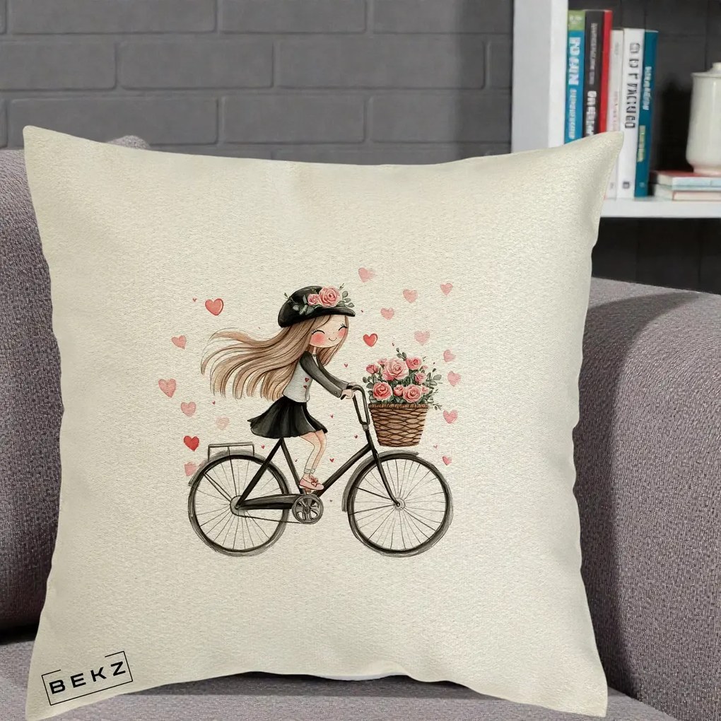 Perna Decorativa Fetita Kawaii pe Bicicleta cu Trandafiri si Inimioare, 40x40 cm, Ecru, Husa Detasabila, Perna Inclusa, BEKZ®